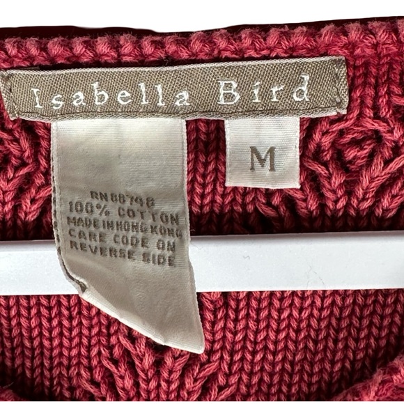 Isabella Bird Vintage Red Cable Knit 100% Cotton Notch Neck Sweater Size Medium - Picture 3 of 5